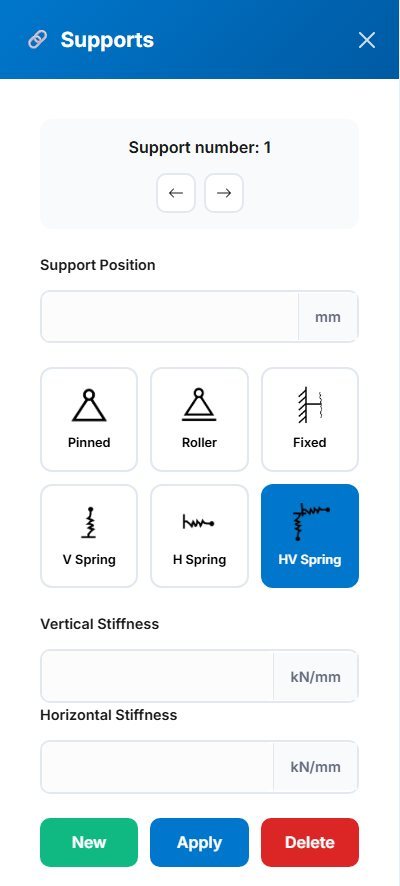 Supports panel with the support types and spring stiffness inputs