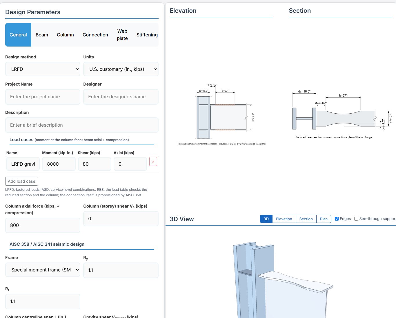 AISC Flange Plate and Prequalified Moment Connections design page - AISC 360 input tabs and drawings