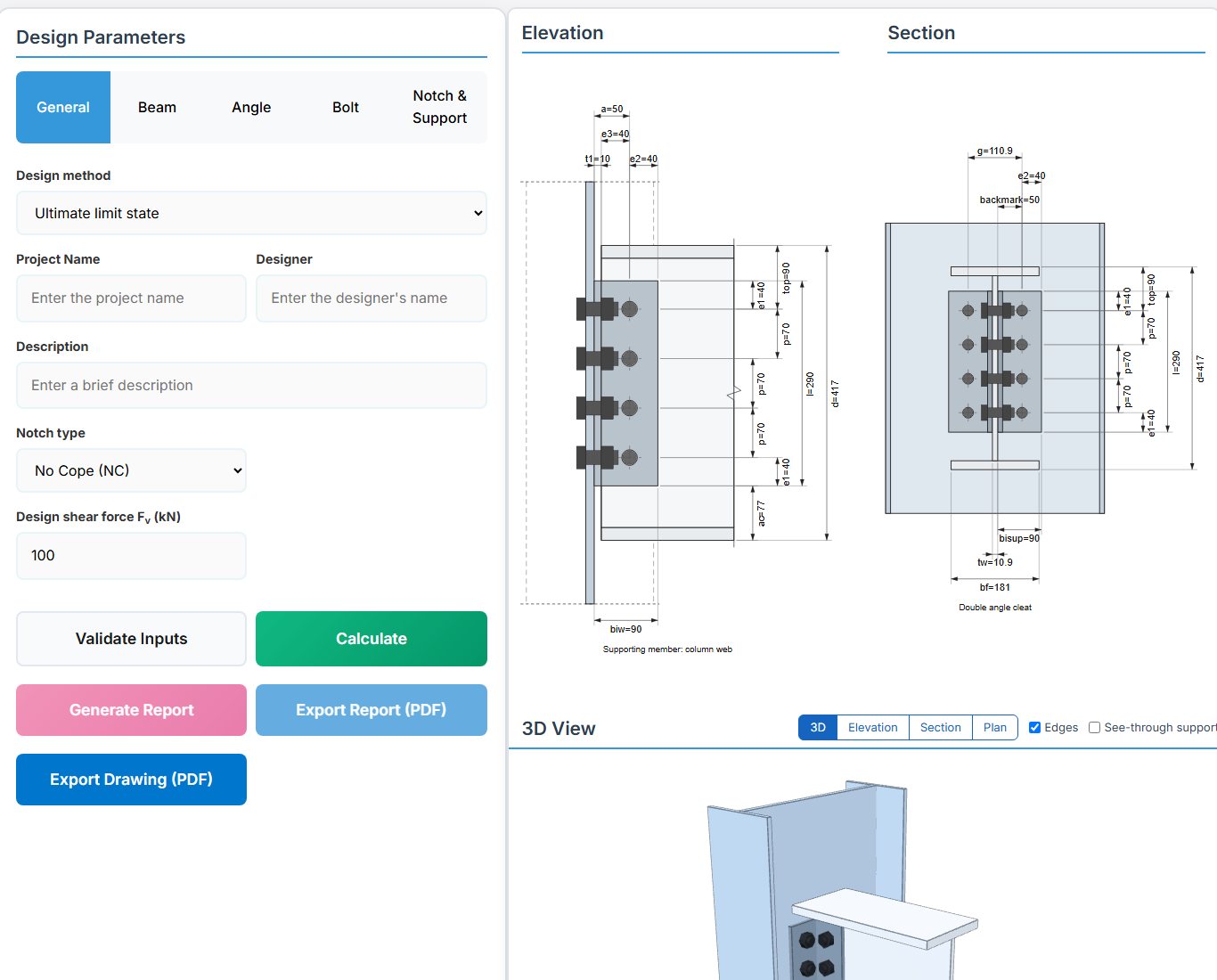 Angle Cleat / Double Angle design page - BS 5950 input tabs and drawings