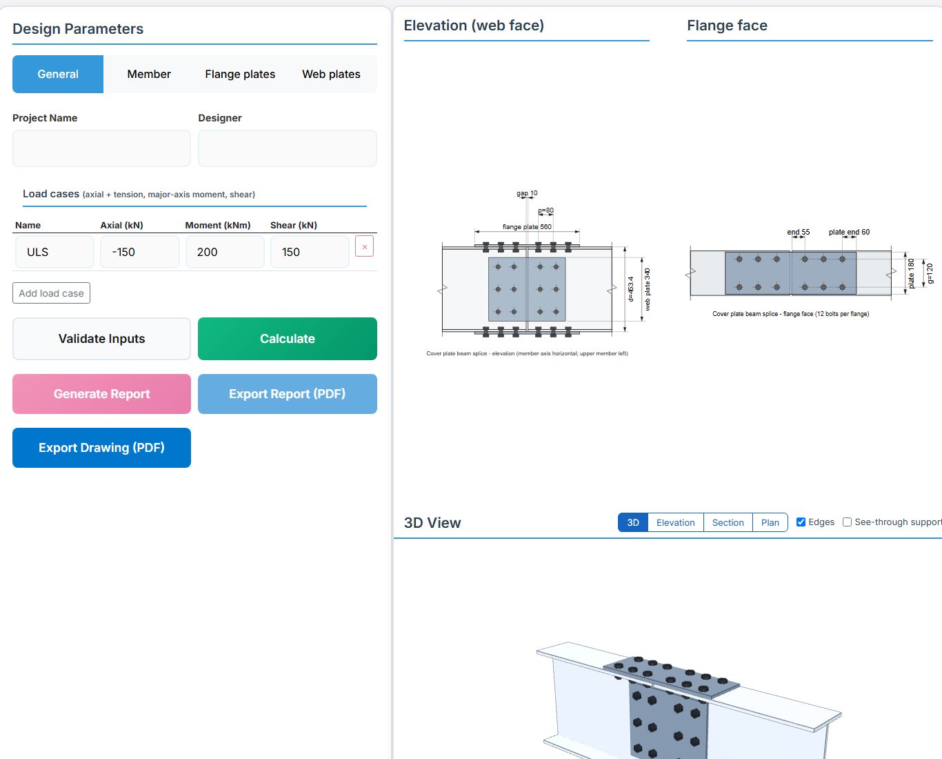 Bolted Beam Splices design page - EN 1993 input tabs and drawings