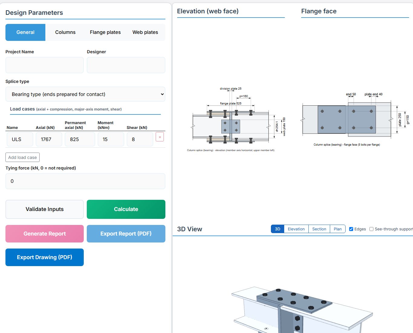 Column (Compression) Splice design page - EN 1993 input tabs and drawings