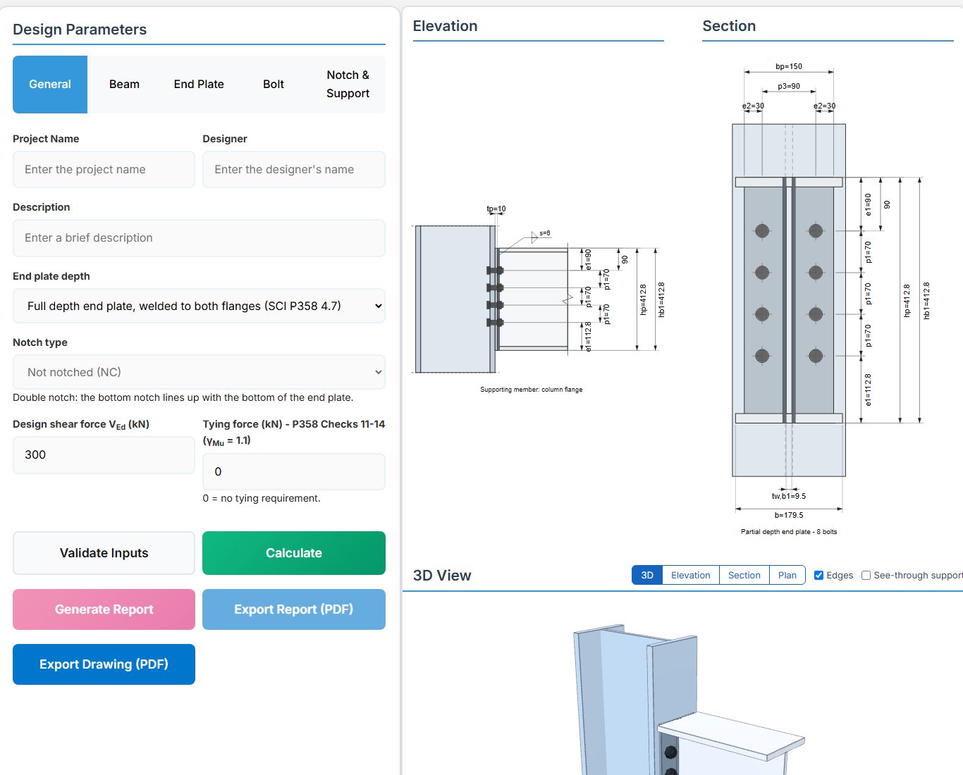 Flexible / Partial and Full Depth End Plate design page - EN 1993 input tabs and drawings