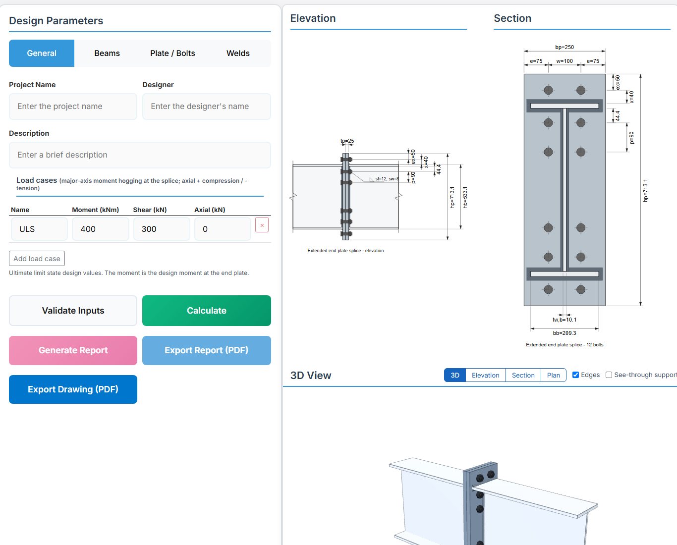 End Plate Beam Splices (Flush / Extended) design page - EN 1993 input tabs and drawings