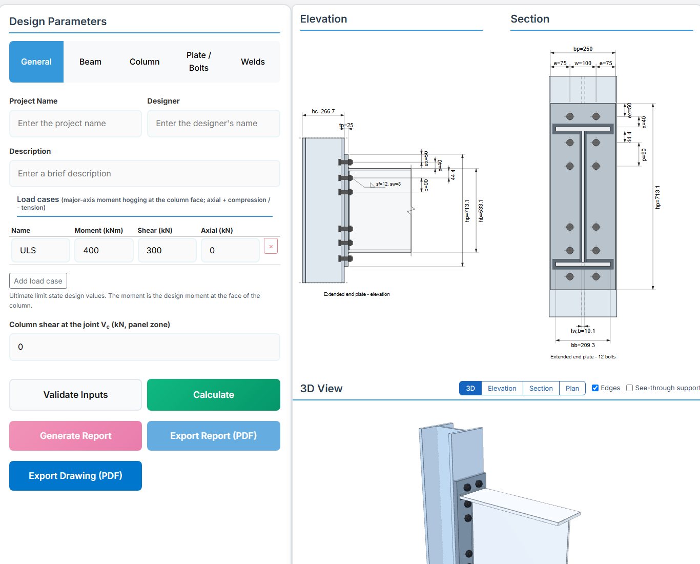 Extended Moment End Plate design page - EN 1993 input tabs and drawings