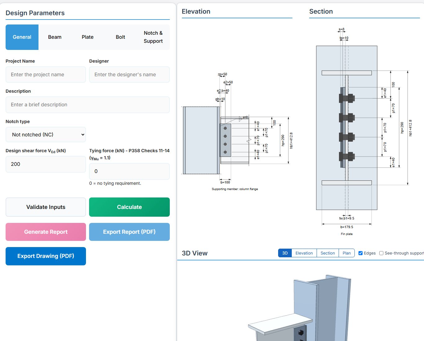 Fin Plate / Web Side Plate design page - EN 1993 input tabs and drawings