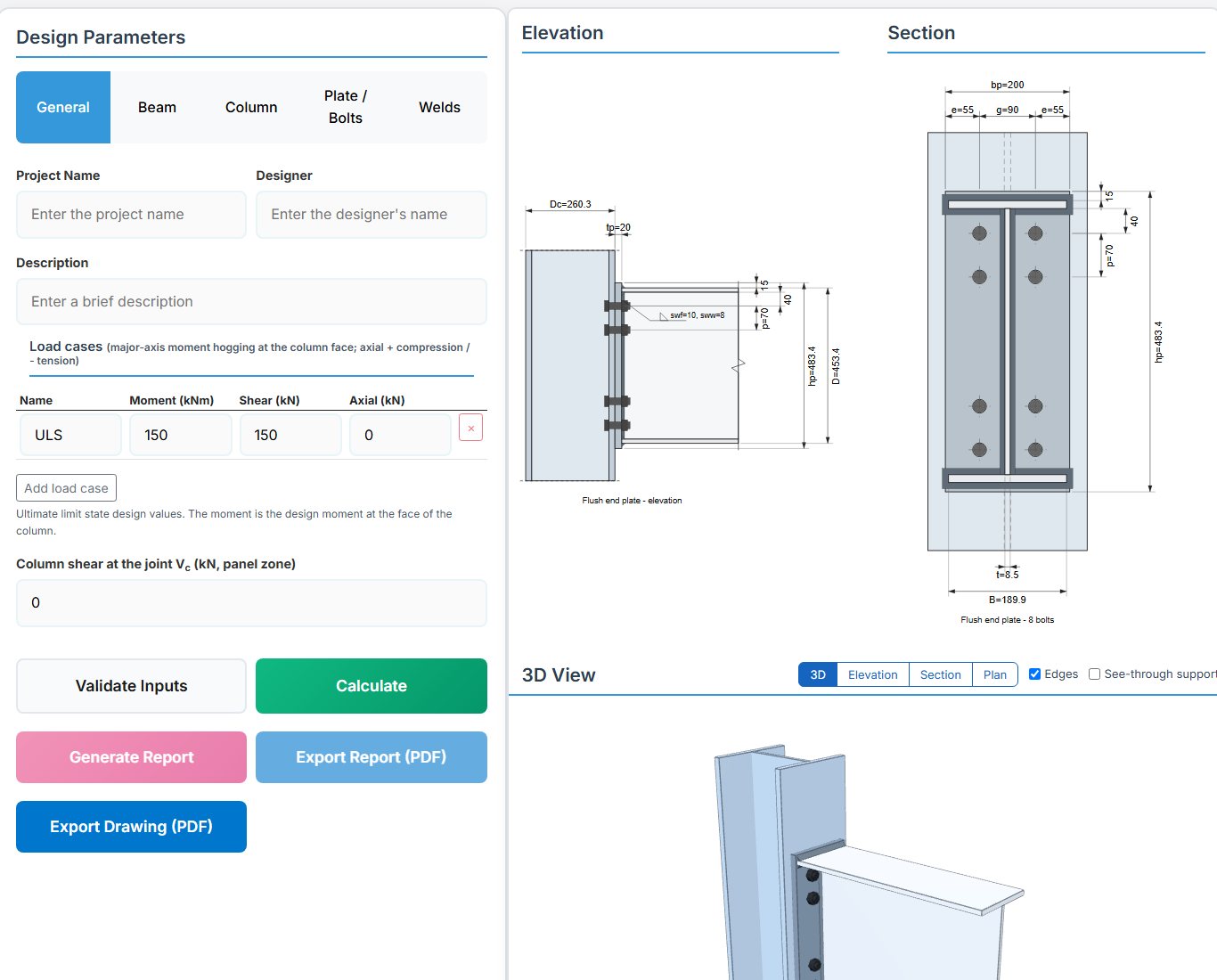 Flush Moment End Plate design page - BS 5950 input tabs and drawings