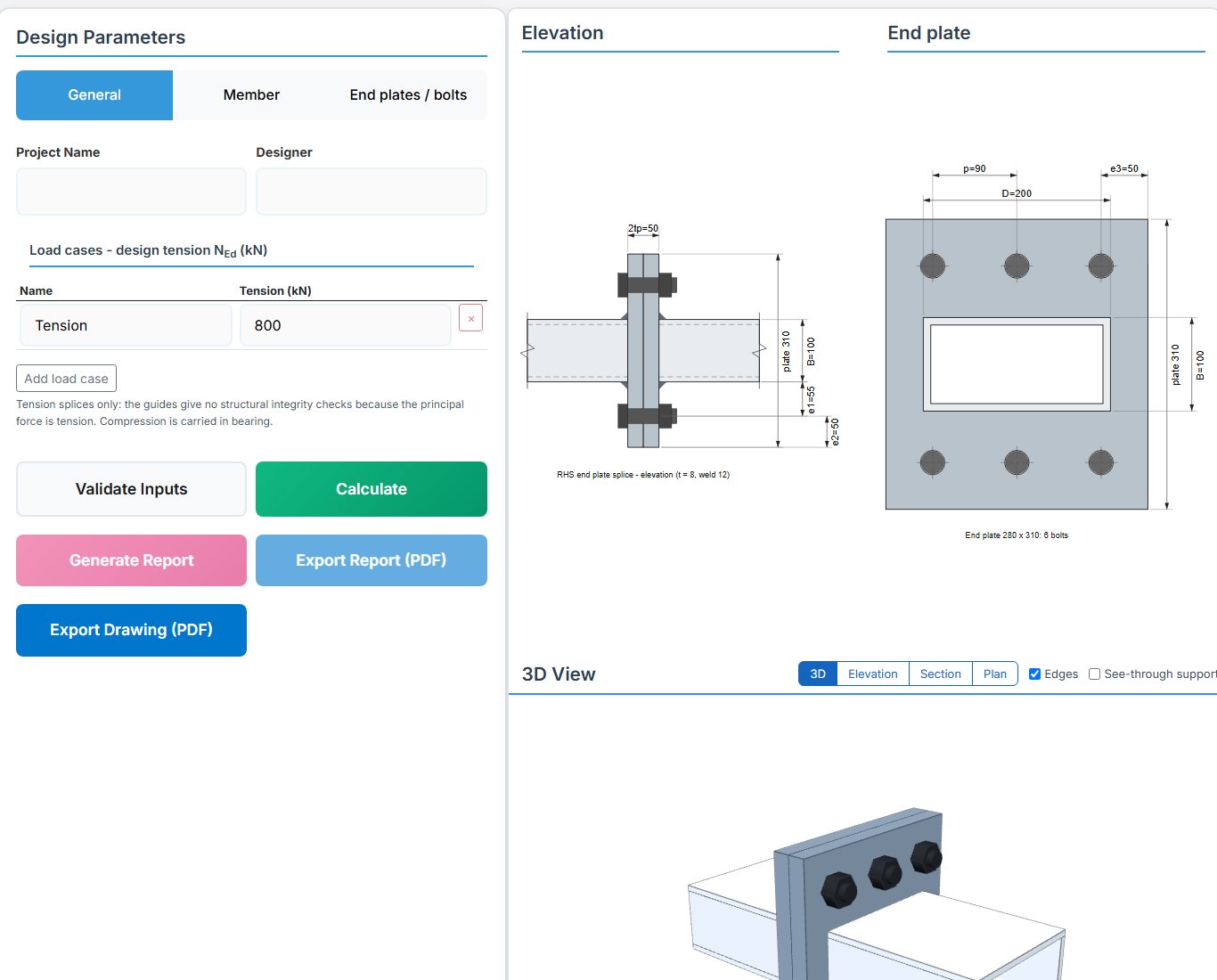 Hollow Section End Plate Splice design page - EN 1993 input tabs and drawings