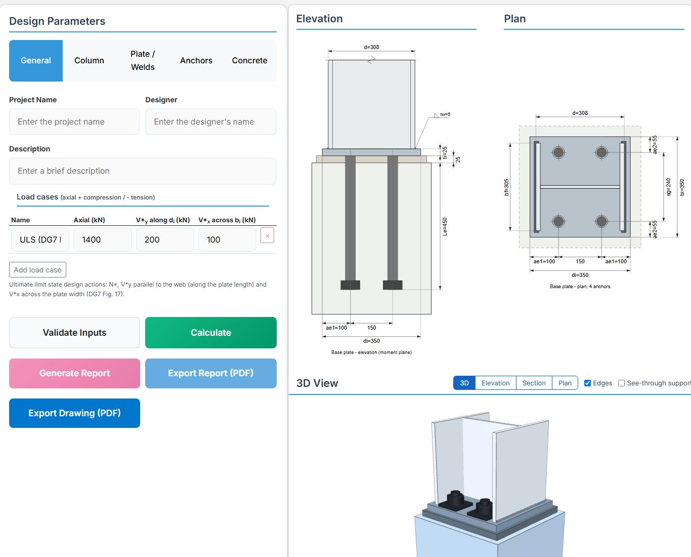 Pinned Column Base design page - AS 4100 input tabs and drawings