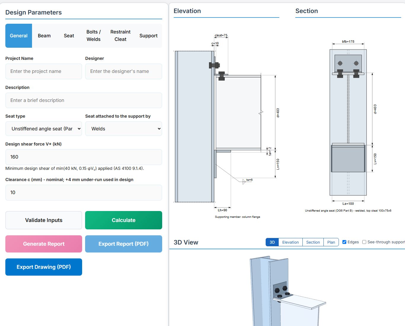 Seated Connection design page - AS 4100 input tabs and drawings