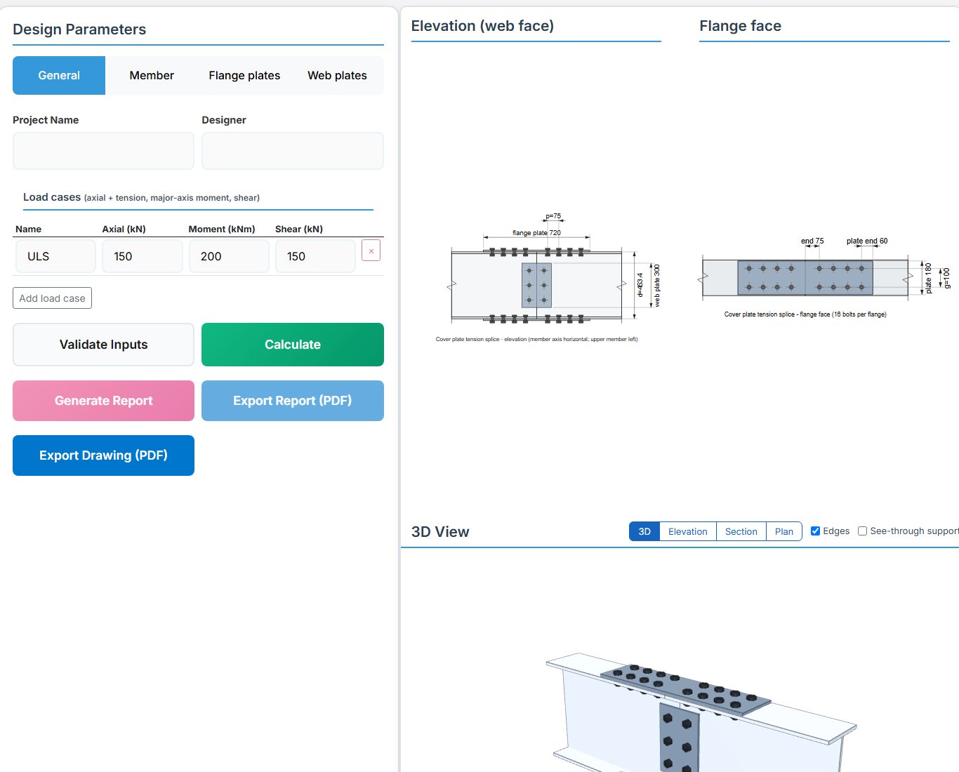 Tension Splice design page - BS 5950 input tabs and drawings
