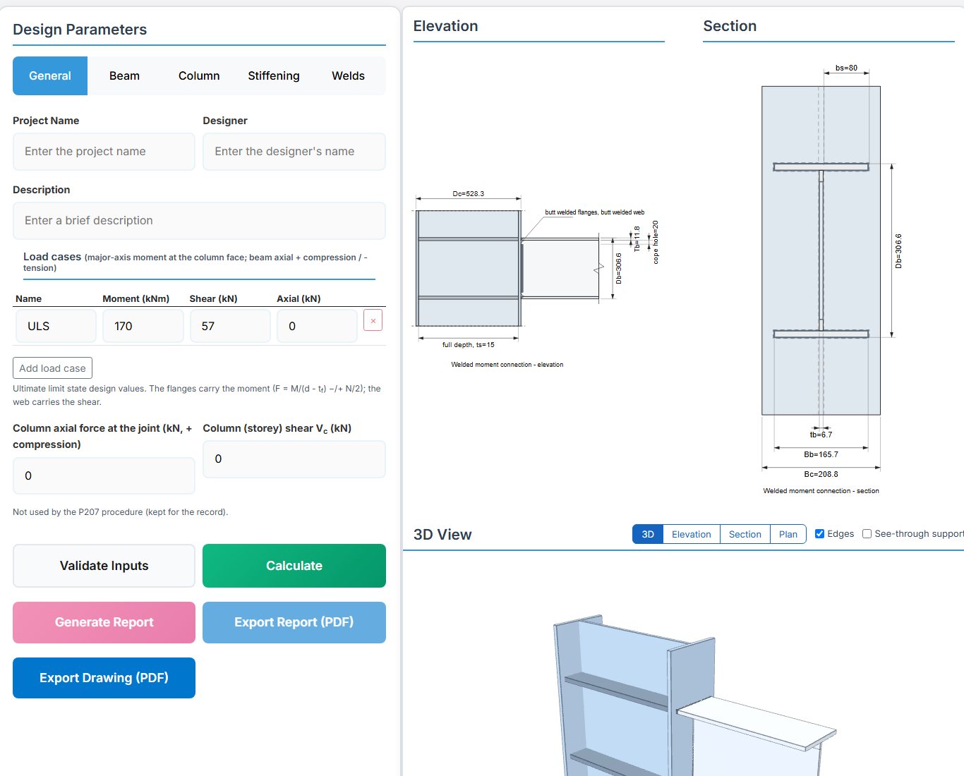Welded Moment Connection design page - BS 5950 input tabs and drawings