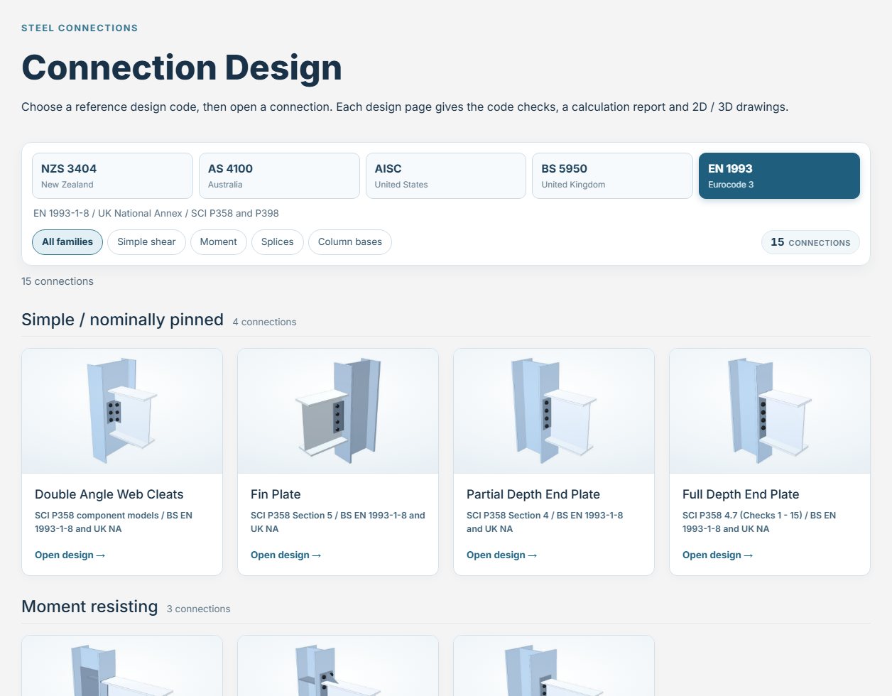 Connection catalogue with the design code selector, family filters and connection cards