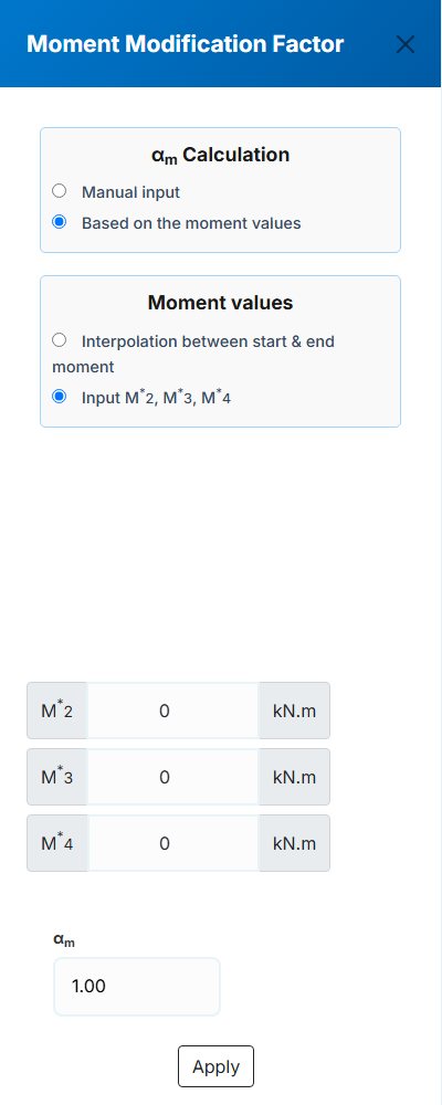 Moment Modification Factor panel with the moment value options