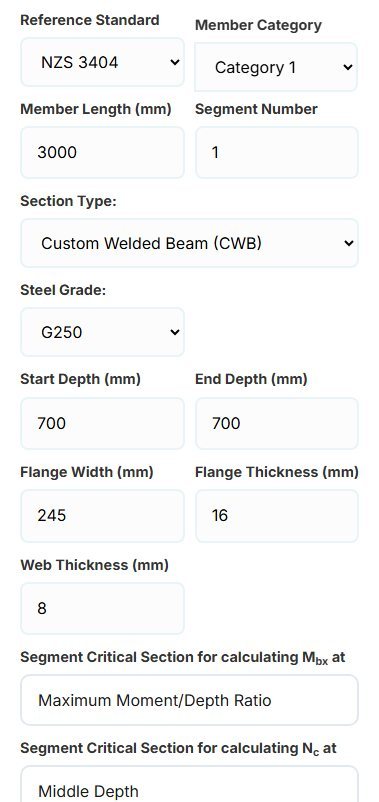 CWB inputs: start and end depth, flange and web sizes and the critical sections