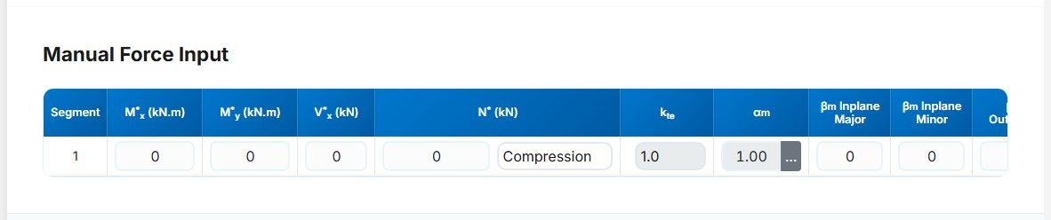 Manual Force Input table, one row per segment