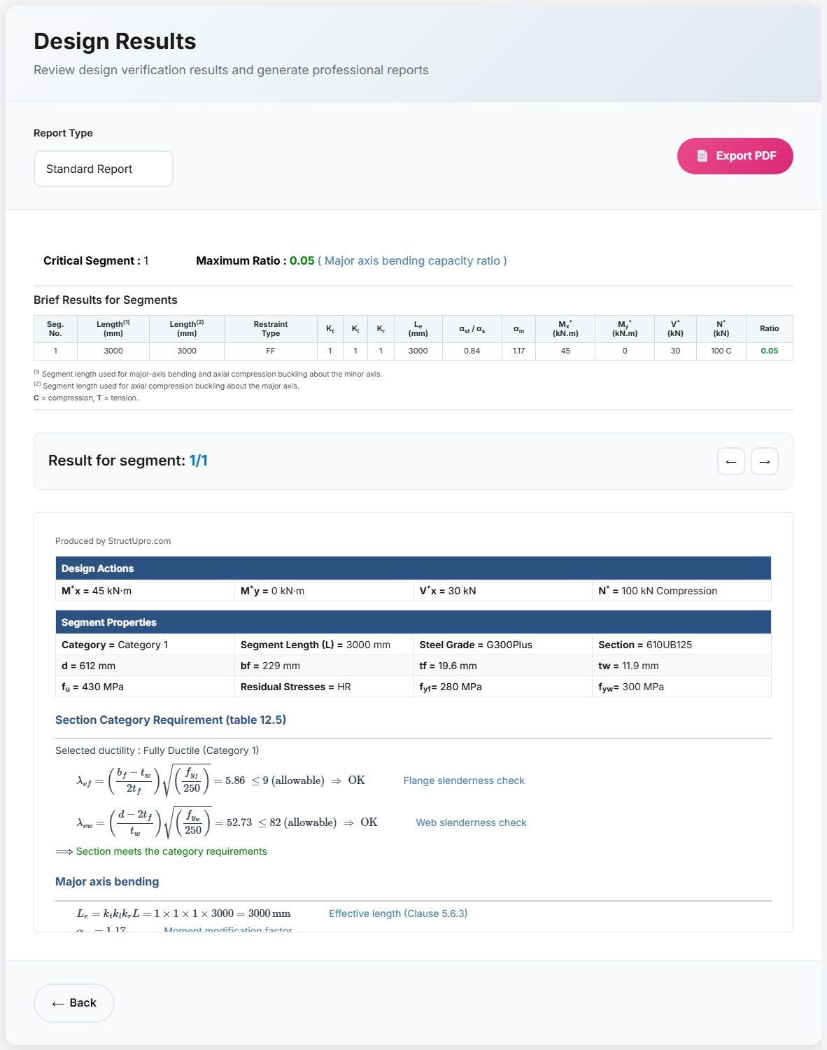 Design Results: report type, critical segment, brief results table and the segment calculation
